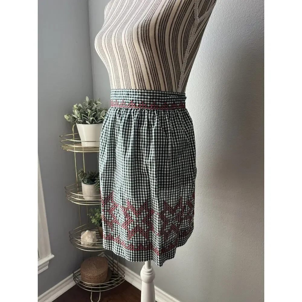Green Red White Gingham Waist Apron with Red Rickrack and Embroidery Christmas